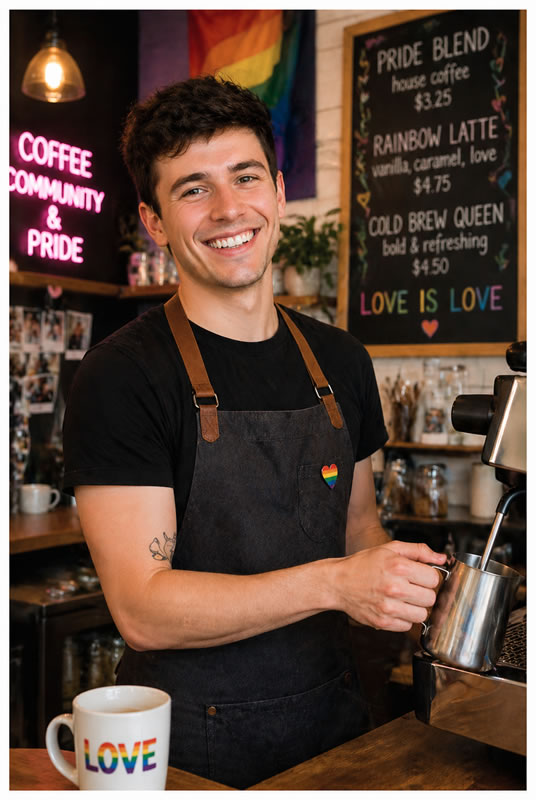 young man working as a barista at a gay coffee shop