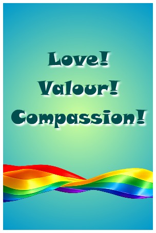 image with play title, Love! Valour! Compassion!, and rainbow ribbon