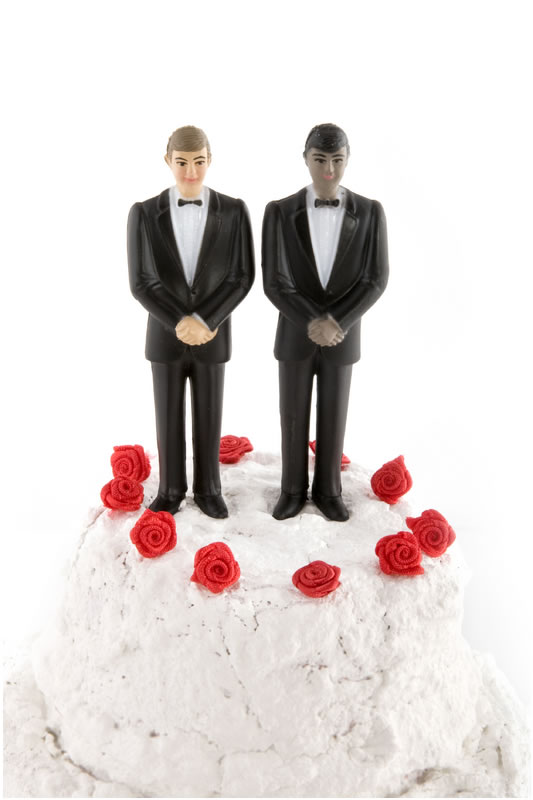 plastic groom and groom on white wedding cake