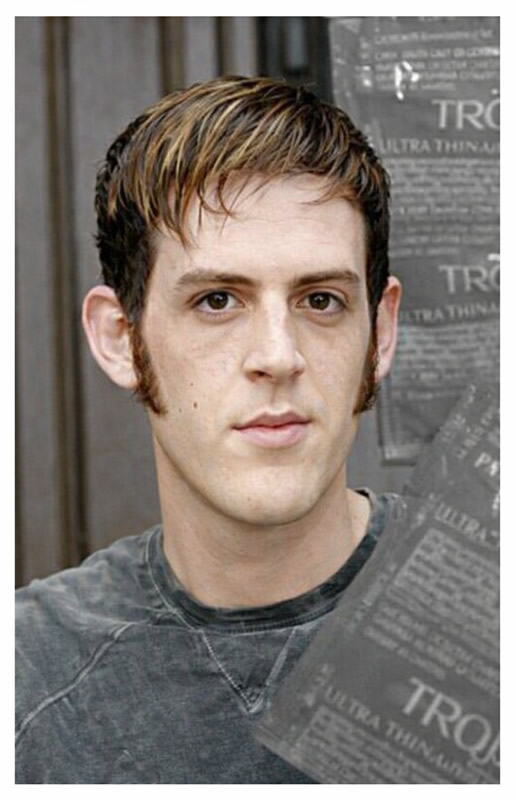 Chris Plant as Jeffrey with Trojan condoms as the background